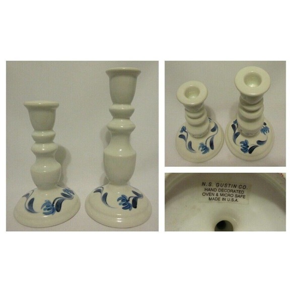 N S Gustin Co White Porcelain Blue Hand Painted Decorated Candle Holder Set of 2 - Picture 1 of 8
